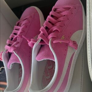 Puma Women's Pink and White Suede Sneakers